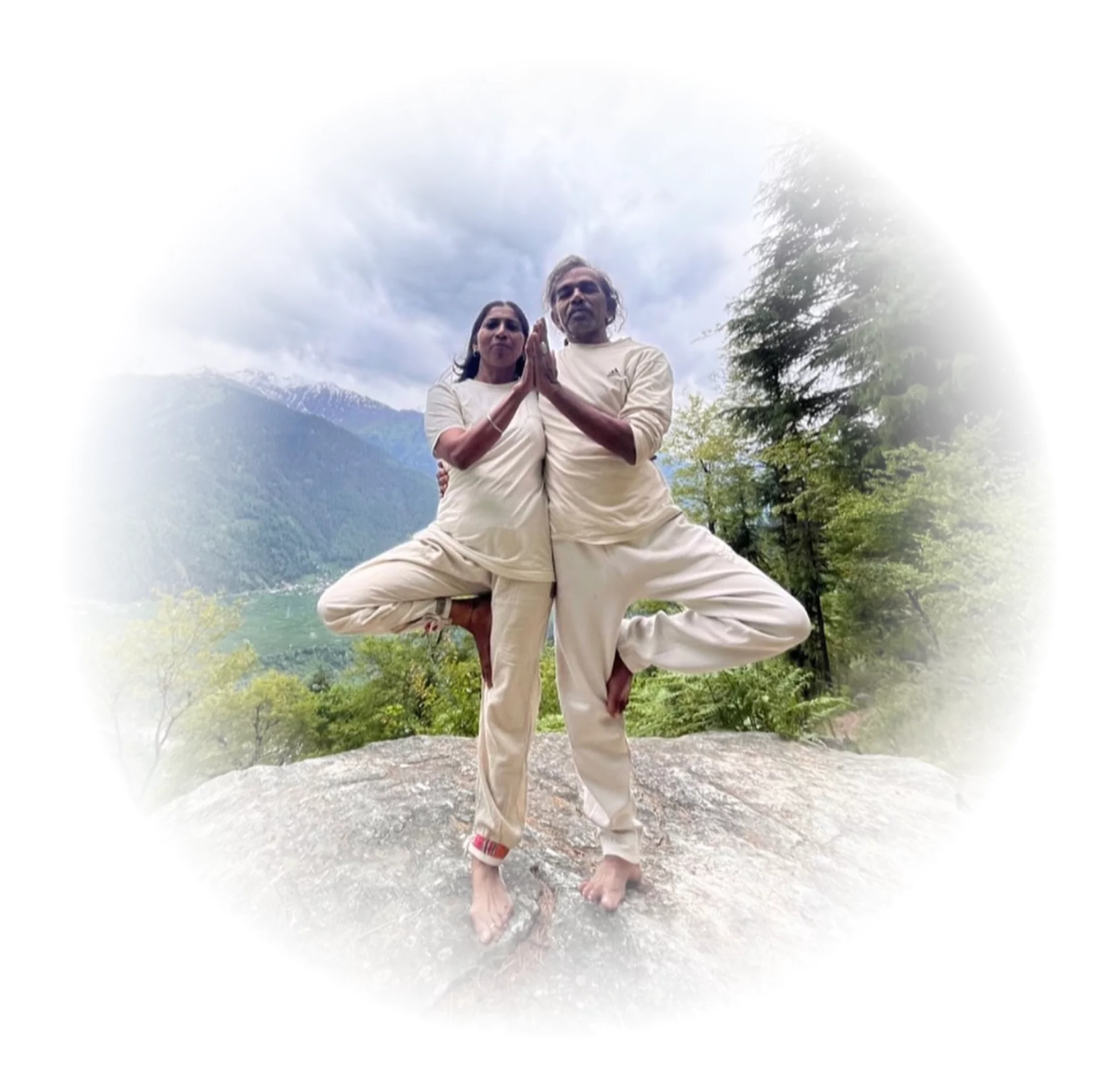 Yoga practitioners in tree pose with mountain backdrop